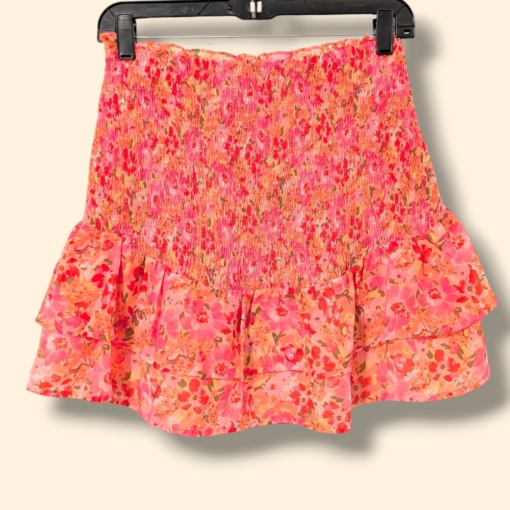 NSR Pink Floral Smocked Tiered Ruffle Pull-On High Rise Mini Skirt Coquette